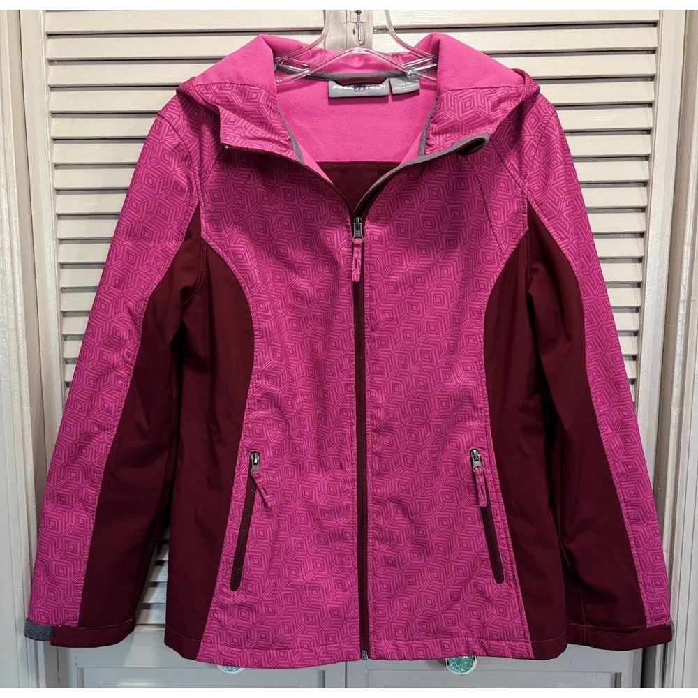 Free Tech Zip Up Hood Zip Pockets Lined Jacket Size Large Pink/Rust Geo Print
